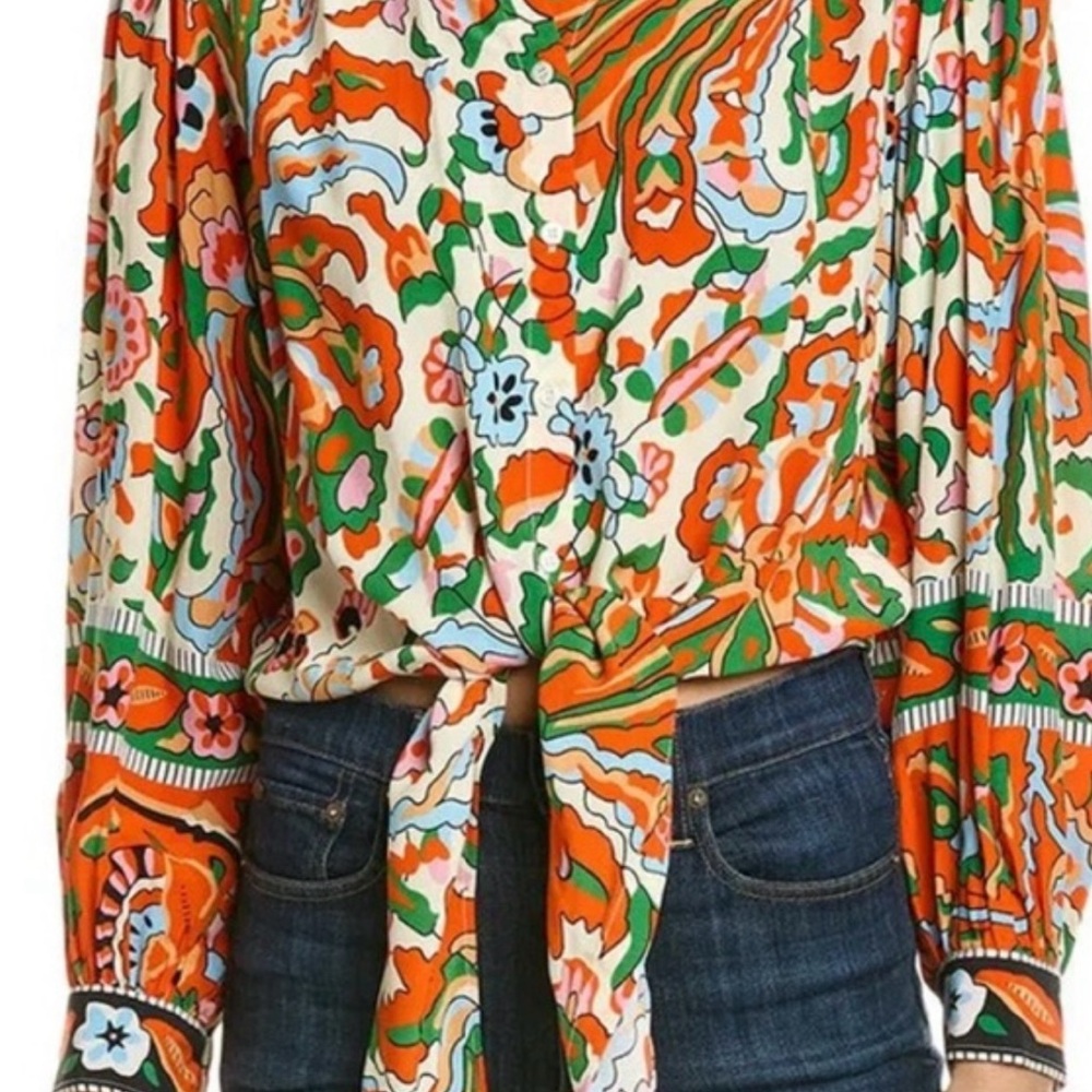 ba&sh Orange Green Tie-Front Mandarin Collar Blouse Size 3 brand new